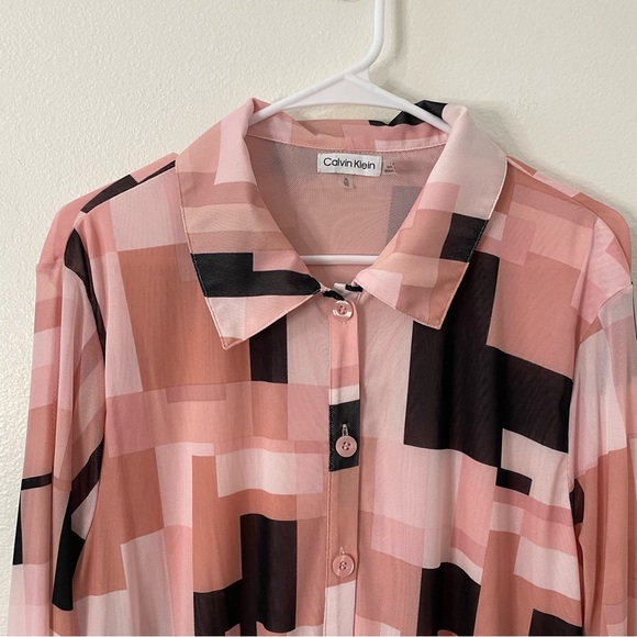 Calvin Klein Women's Printed Mesh Button Front Shirt Size XL Color Block - Picture 2 of 6